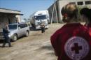 Miembros del Comité Internacional de la Cruz Roja conversan junto a un vehículo de la organización después de que un convoy ucraniano entregara ayuda humanitaria a las regiones del este del país, en la localidad de Starolbelsk (Ucrania). EFE/Archivo